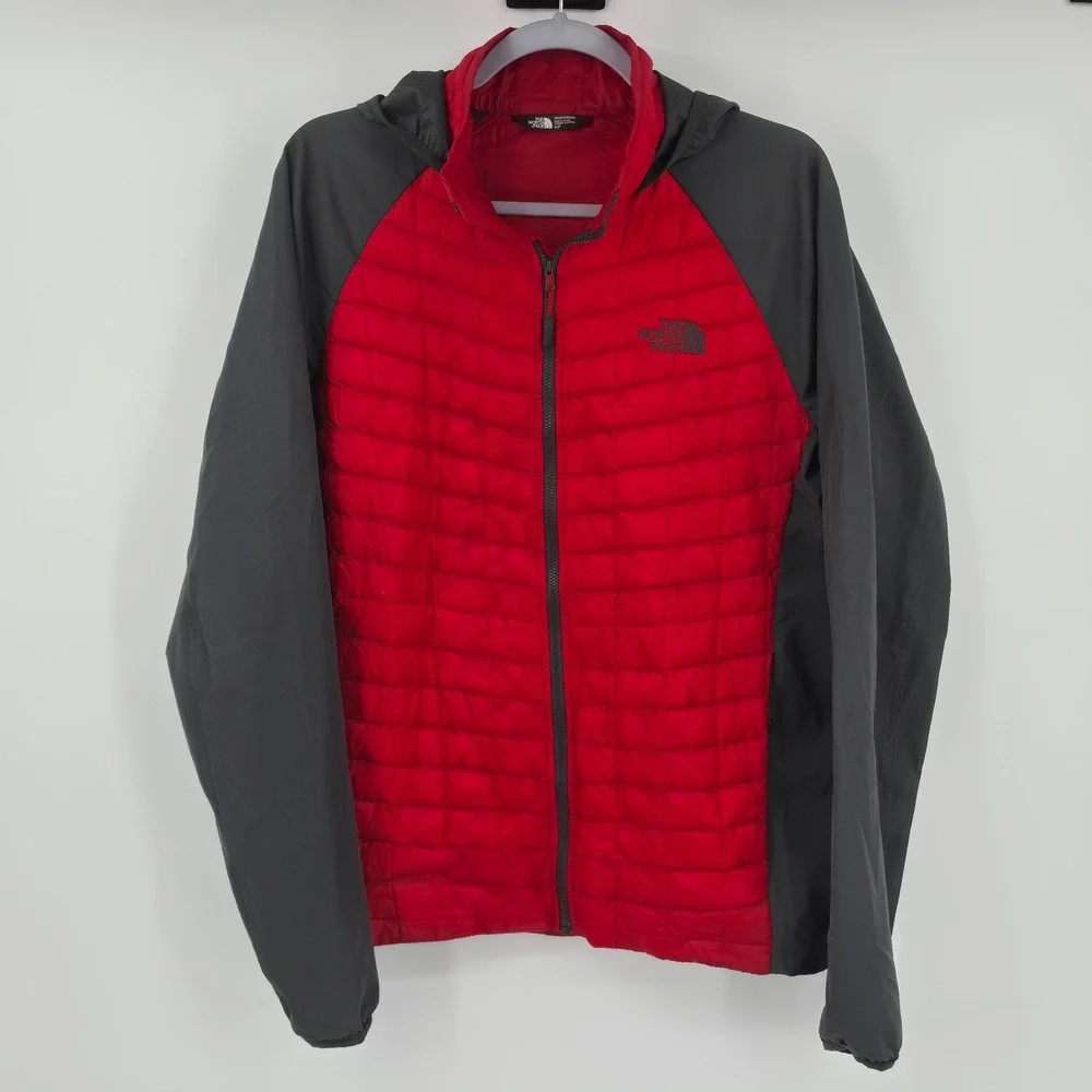 The North Face Mens S Thermoball Hybrid Quilted Puffer Jacket Red Grey Hooded